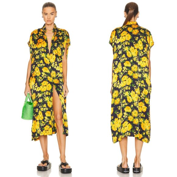 NWT Balenciaga Silk Satin Midi Dress Yellow Floral Print Allover Raw Hem Sleeves - Picture 1 of 15